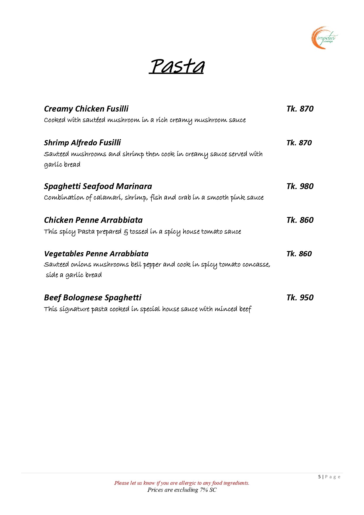 Pasta Menu