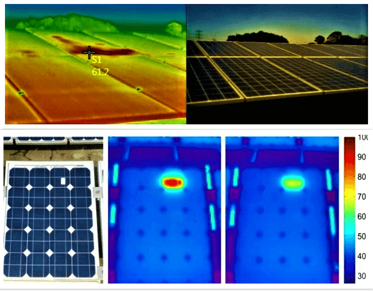 Solar panel hotspots, photovoltaic effect, pv systems, drone imagery