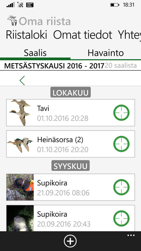 Oma riistan henkilökohtaisesta saalislokista muodostuu elinikäinen saalispäiväkirja. Metsästyskortti on digitaalisessa muodossa kännykässä. Jatkossa myös ampumakoesuoritukset näkyvät samalla tavoin.