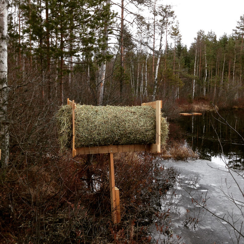 Toinen tuubi  ja halkaisijaa tukeva kehikko. Varauduimme pehmeän kanaverkon "litistymiseen", kun heinä vettyy. Taustalla uusi ruokintalautta