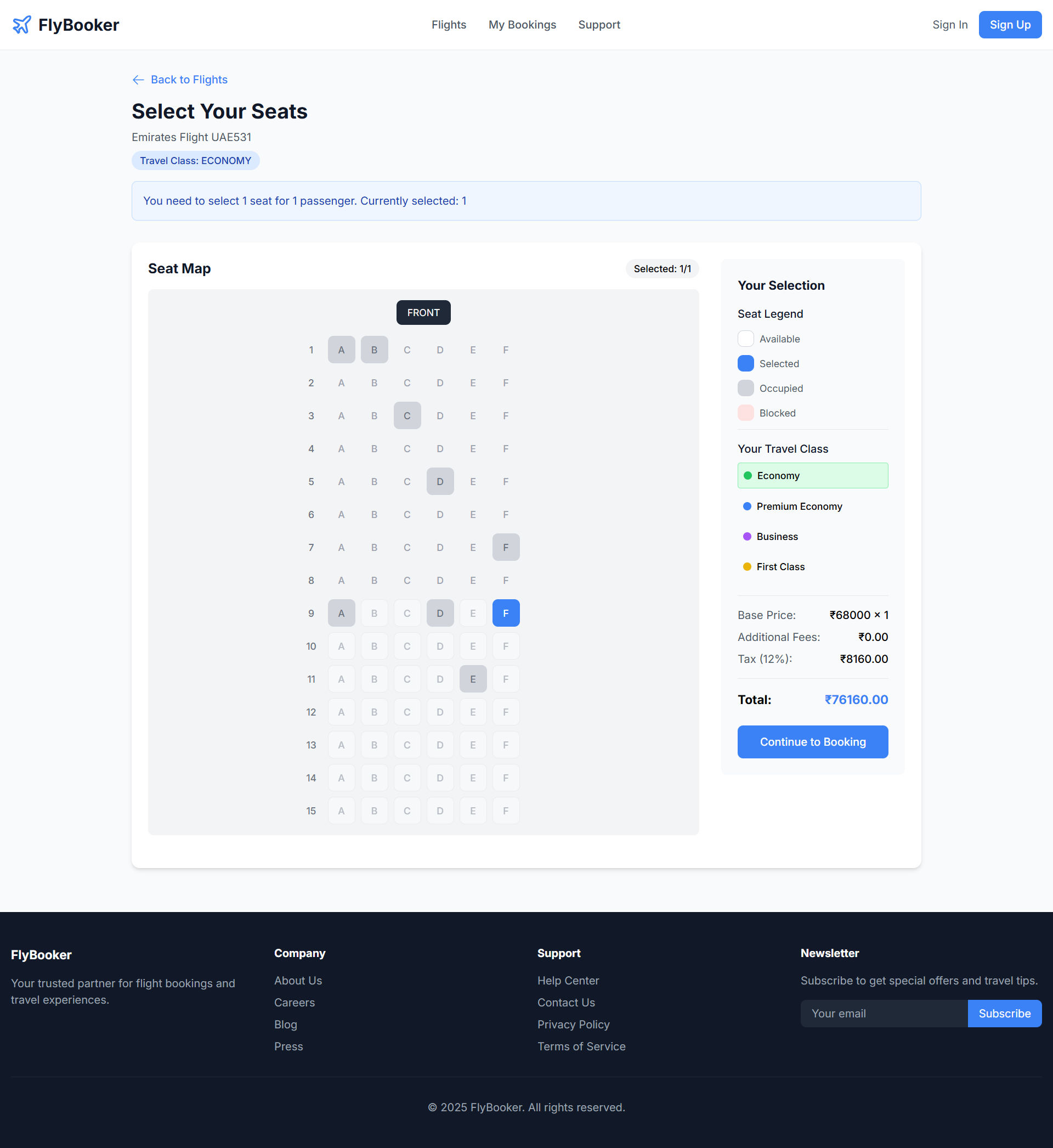 Seat Map Economy Selected