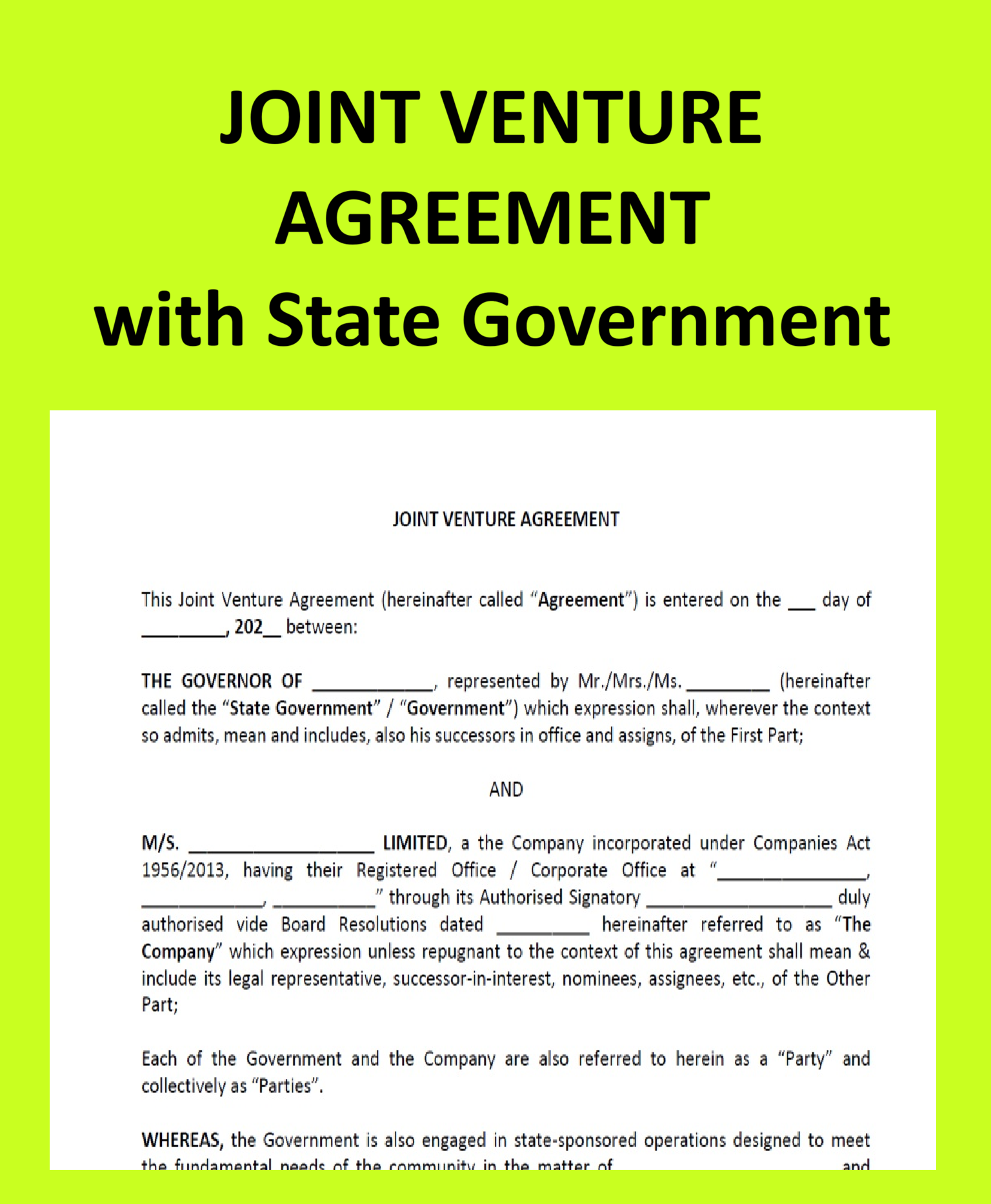 Joint Venture Agreement with State Government