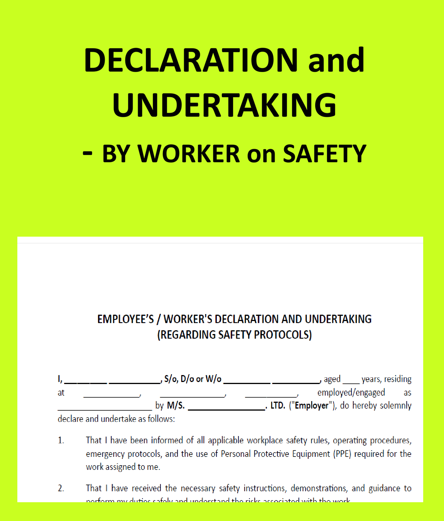 Declaration and Undertaking Worker on Safety