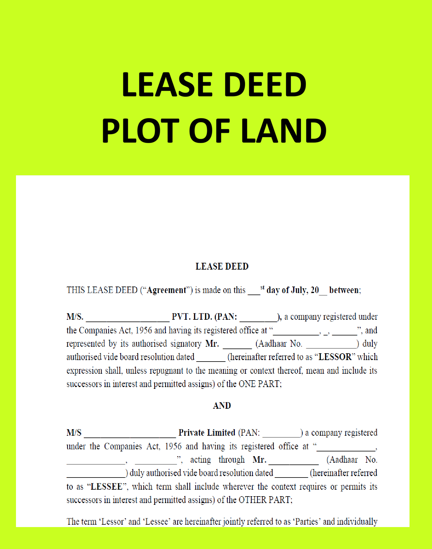 Lease Deed  - Plot of Land