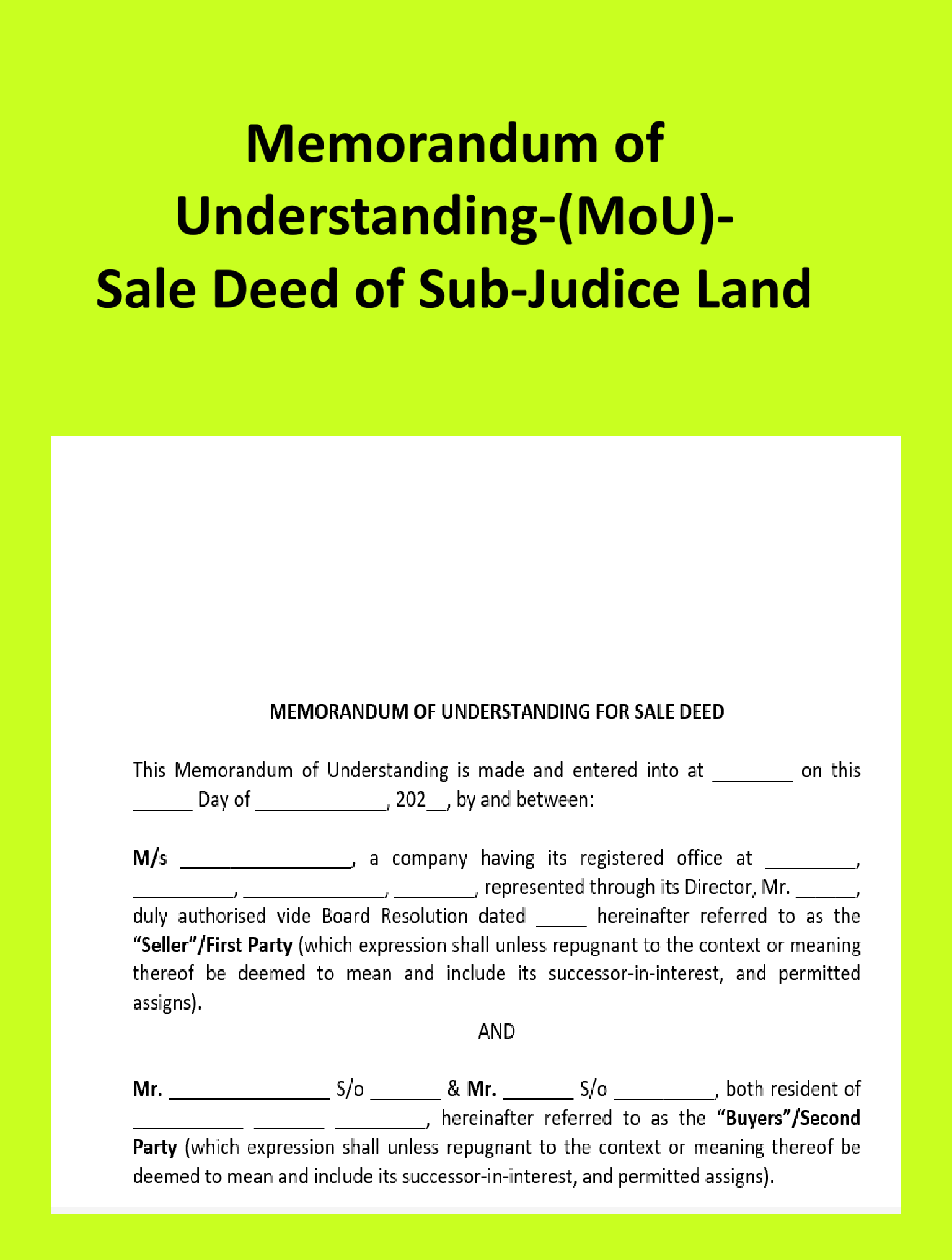 MOU for Sale Deed of Sub-Judice Land