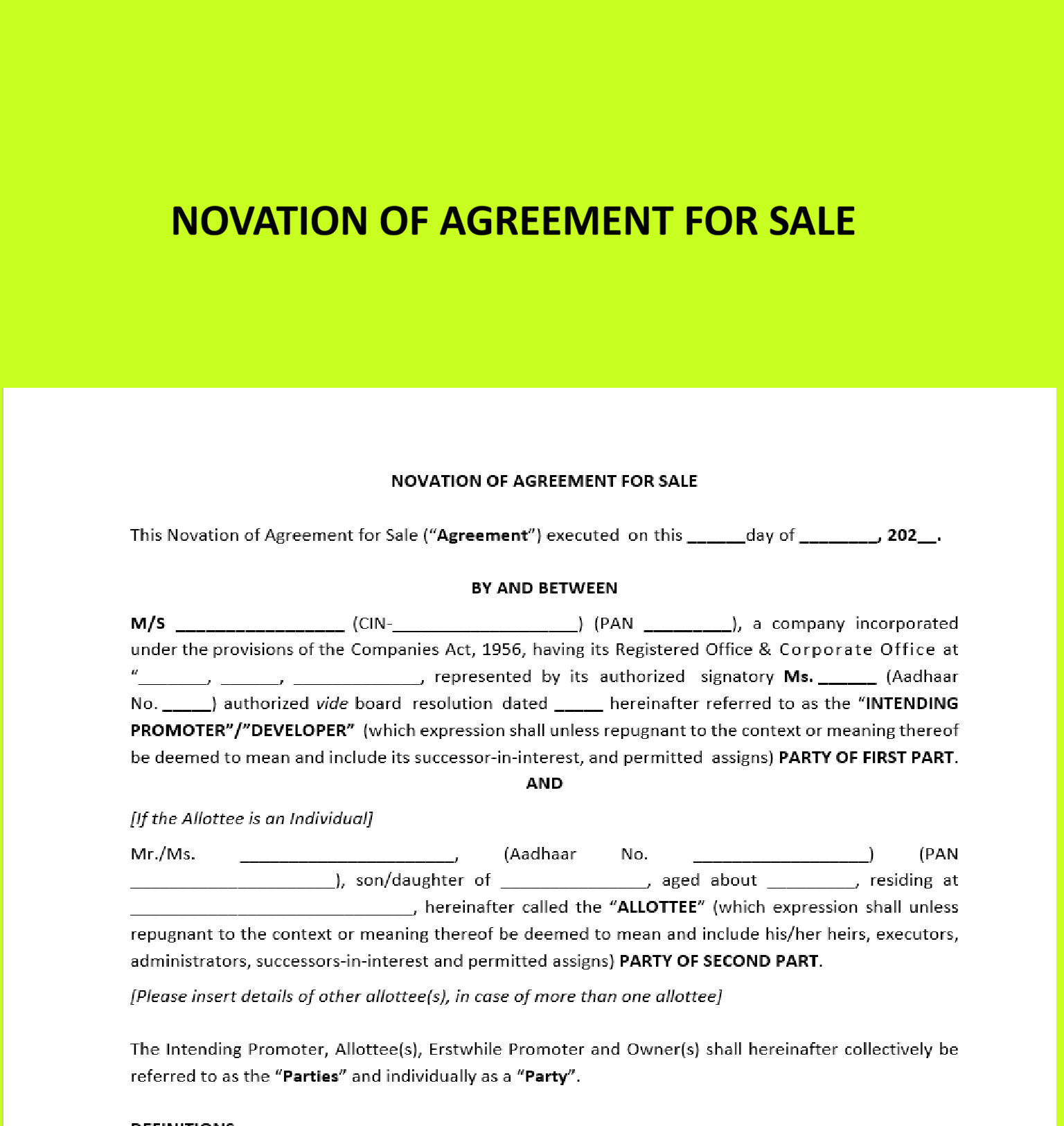 Novation of Agreement For Sale
