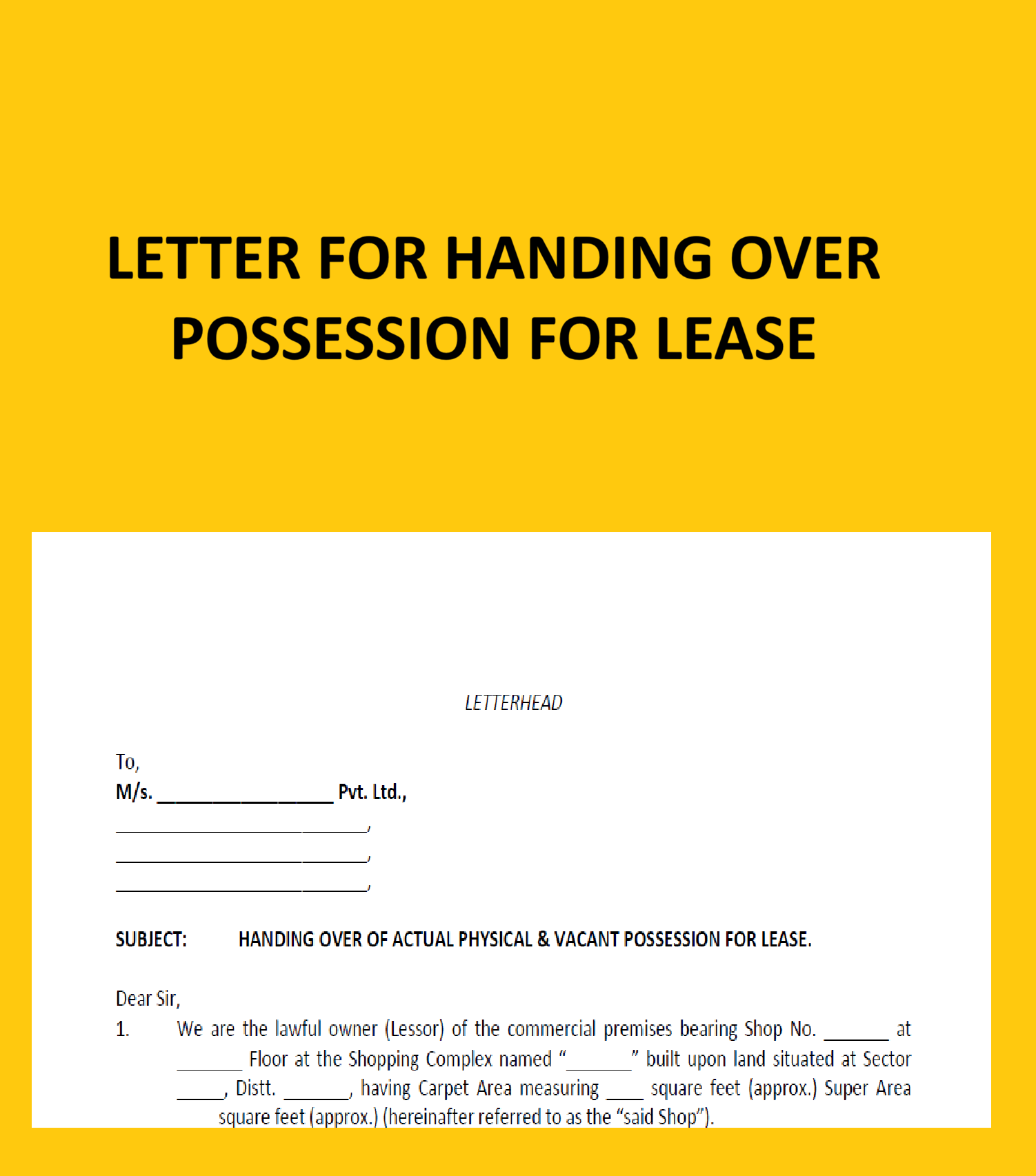 Letter for Handing Over Possession for Lease