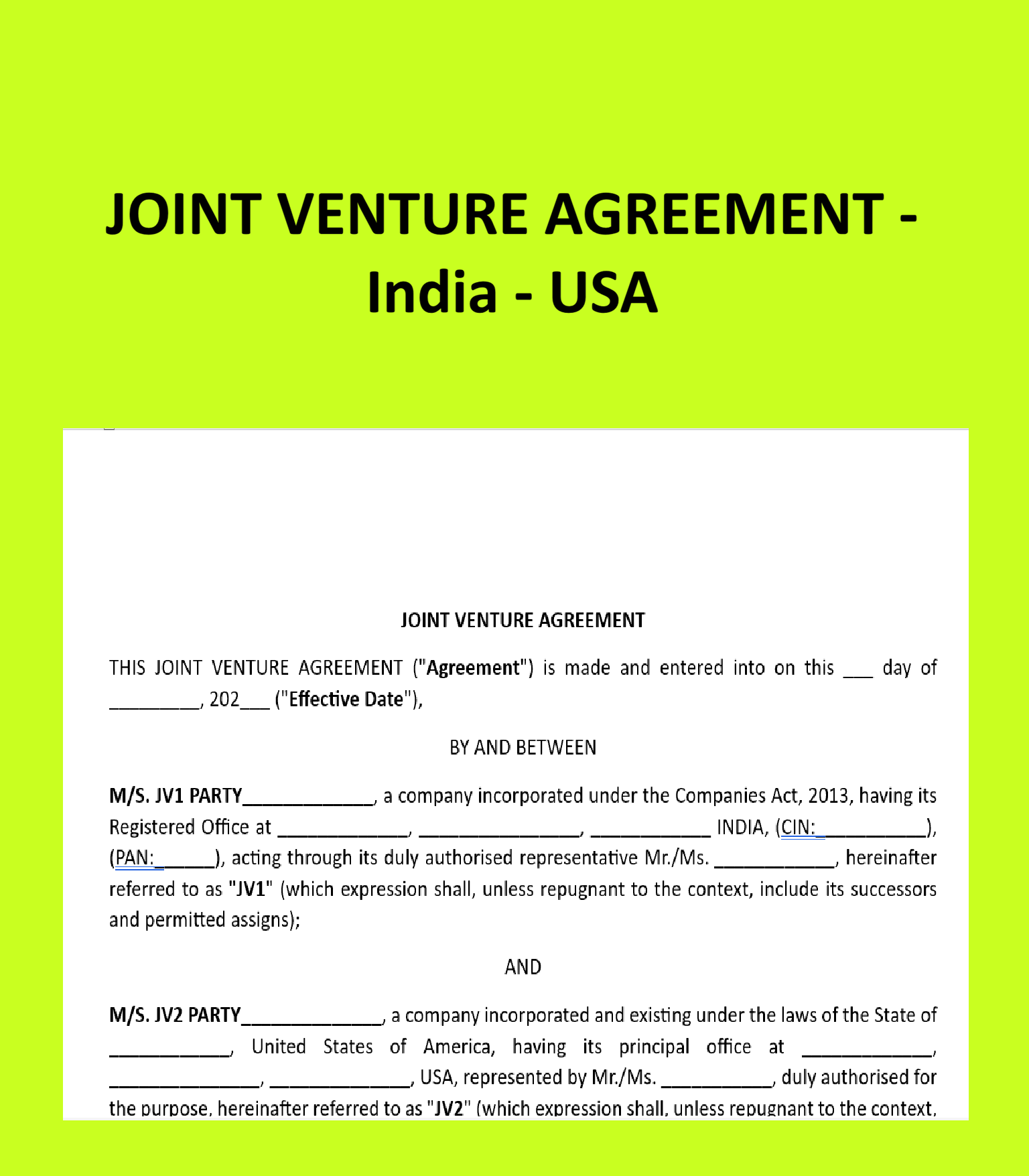 Joint Venture Agreement - India-US
