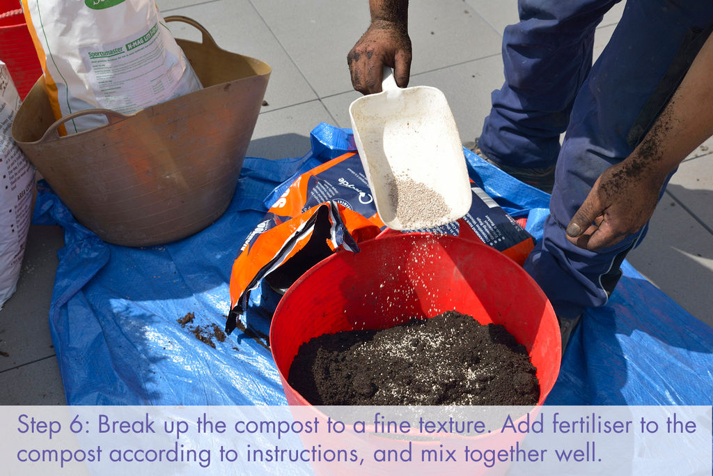 Commercial planter installation: break up compost and add fertiliser