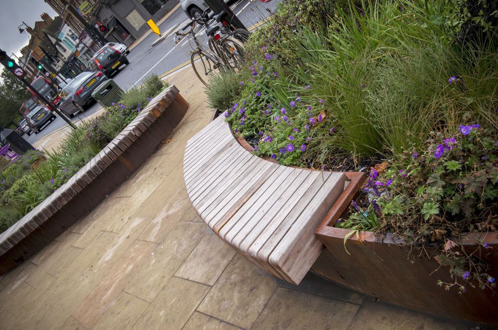 Corten steel street benches, London Borough of Ealing