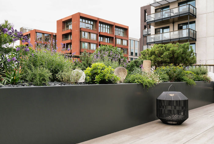 Planterline Straight planters help green rooftop terraces at the Plimsoll Building, London