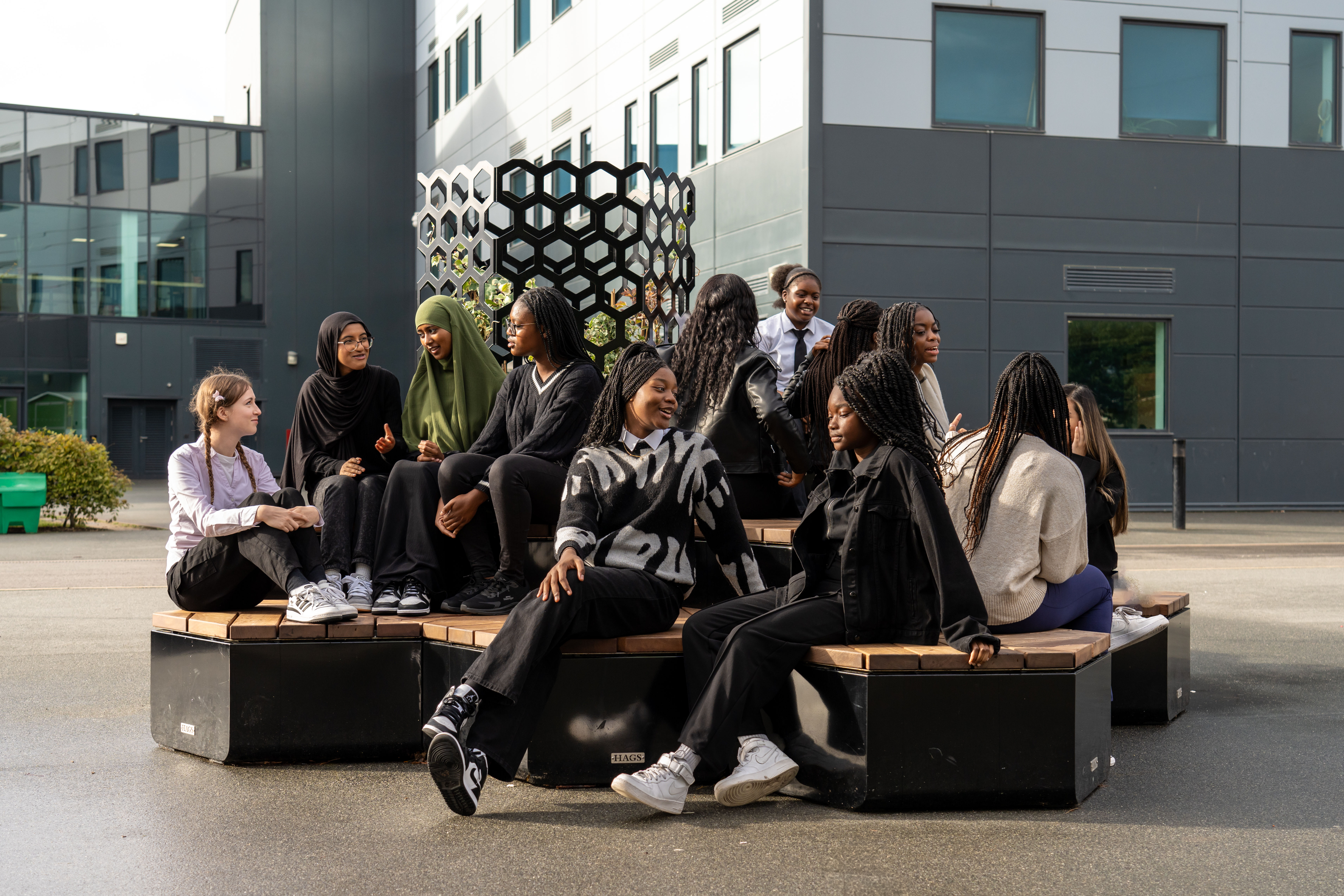 Create relaxed, social outdoor spaces at schools with Rosenlund modular outdoor furniture from HAGS