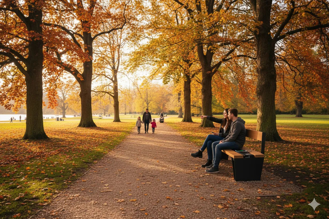 Veeva Sol bench shown on park pathway