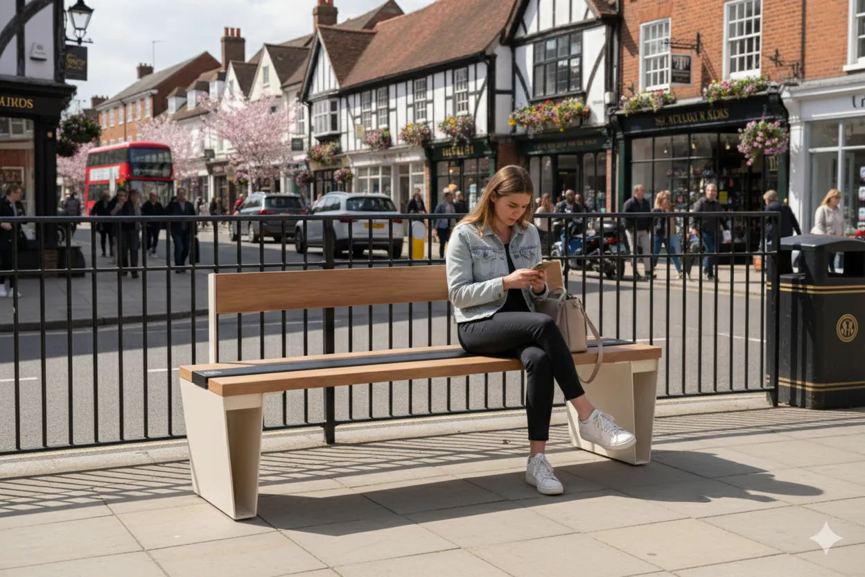 Veeva Sol bench on high street