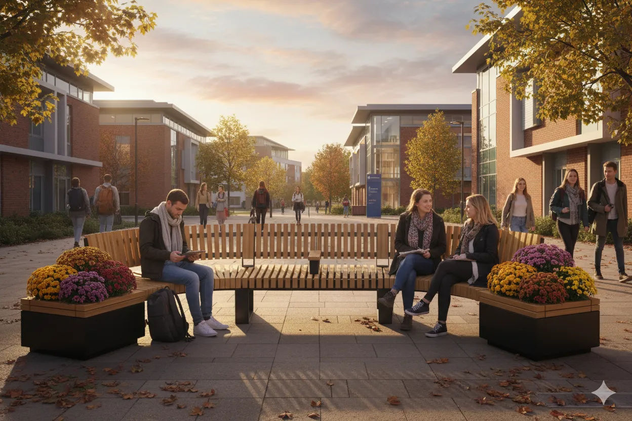 Railroad bench on university campus