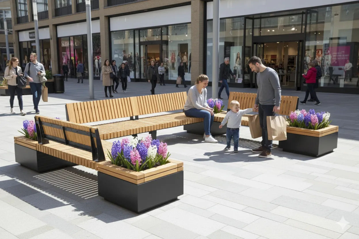 Railroad bench in outdoor shopping centre
