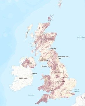 Figure 3: map of areas in the UK most affected by radon gas (credit UKradon.org).