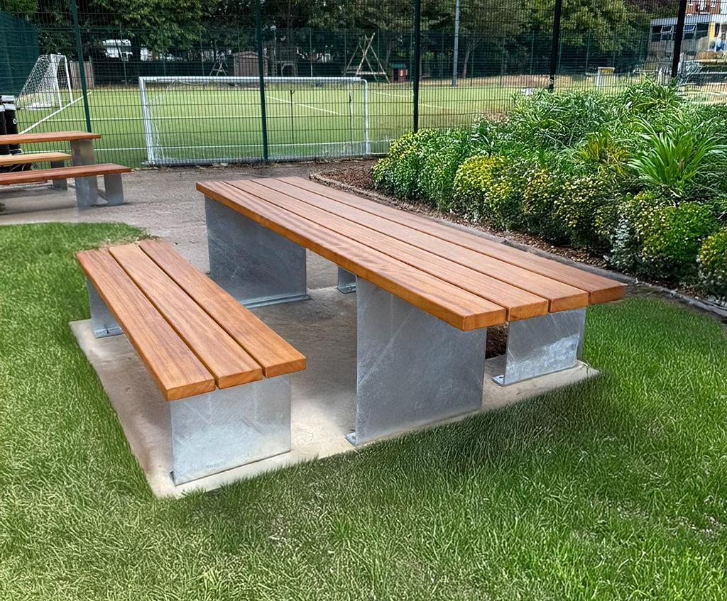 Sheldon accessible picnic table SPT322 and Sheldon benches SBN349