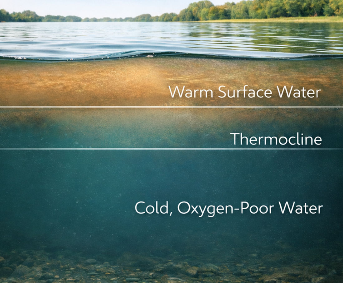 Thermal stratification is a natural phenomenon that occurs in bodies of water of any depth, such as lakes and reservoirs, where distinct layers of water with varying temperatures, densities, and oxygen levels form