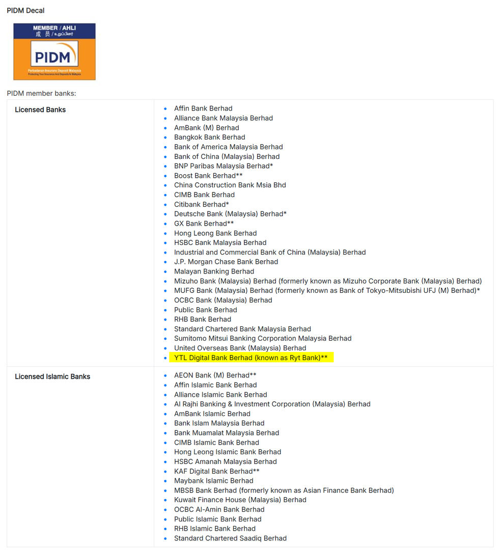 Ryt Bank Malaysia Review: 4% Savings & 1.2% Cashback 3 PIDM member list