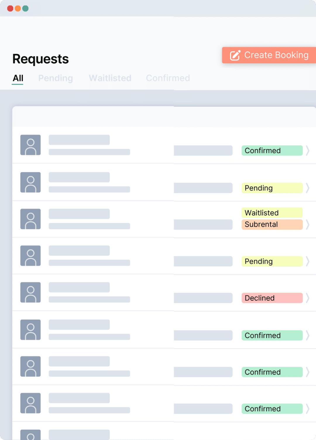 Marina management system showing a requests dashboard with statuses such as confirmed, pending, and waitlisted for berth requests.