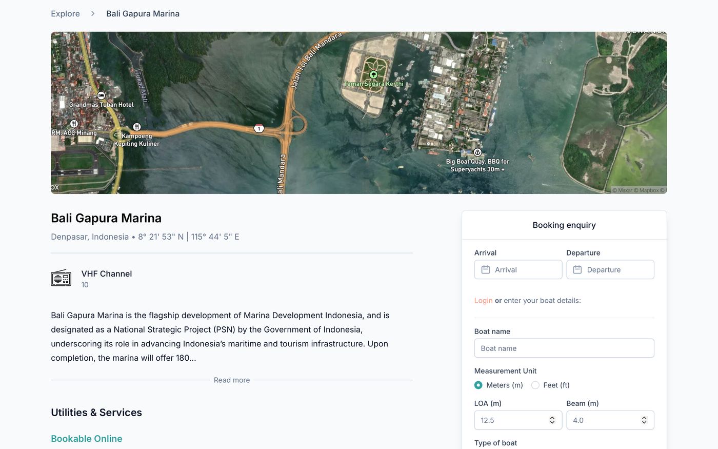 La page de réservation d'une marina dans Metarina : la marina sur sa carte, et la demande de réservation où un plaisancier demande une place