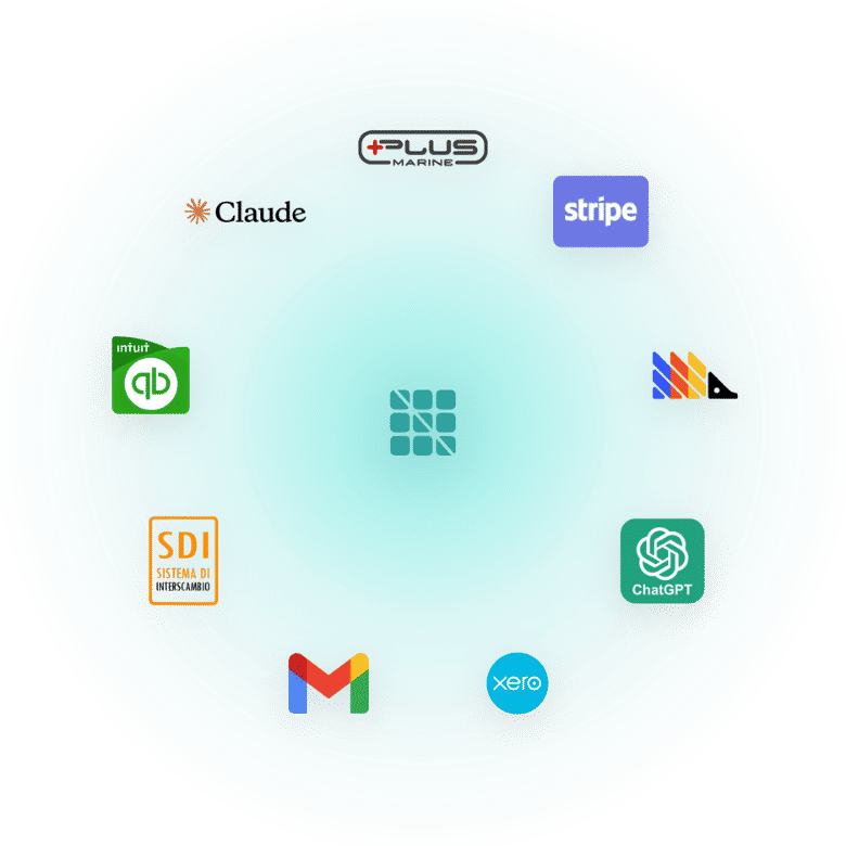 Integration hub diagram with the Metarina platform at the centre, ringed by the systems it connects, including Stripe, QuickBooks, Xero, Gmail, Plus Marine, Claude, ChatGPT and SDI e-invoicing