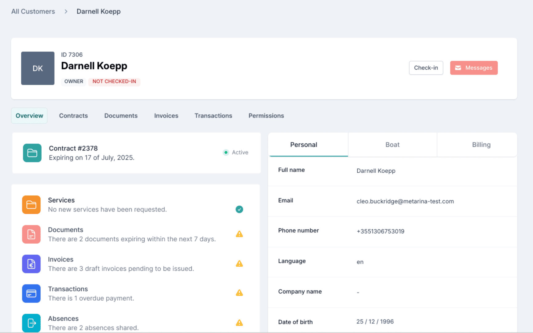 Metarina customer management dashboard showing contact details, contracts, documents, and invoices in one view