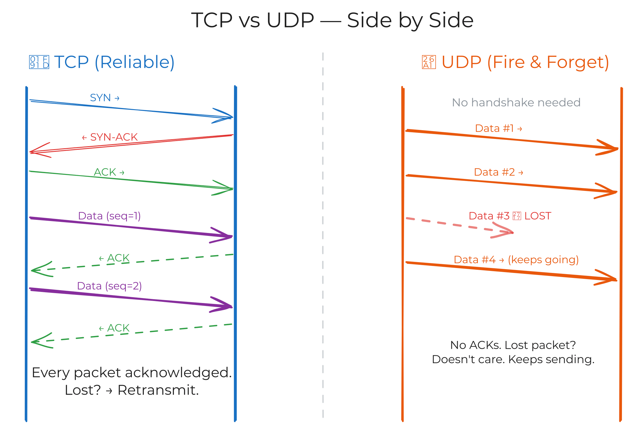 TCP vs UDP comparison — reliability, ordering, speed, and use case trade-offs