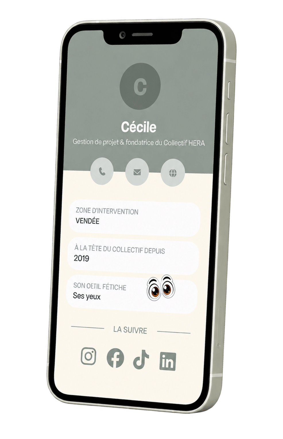 Carte d'identité de Caroline sur un téléphone