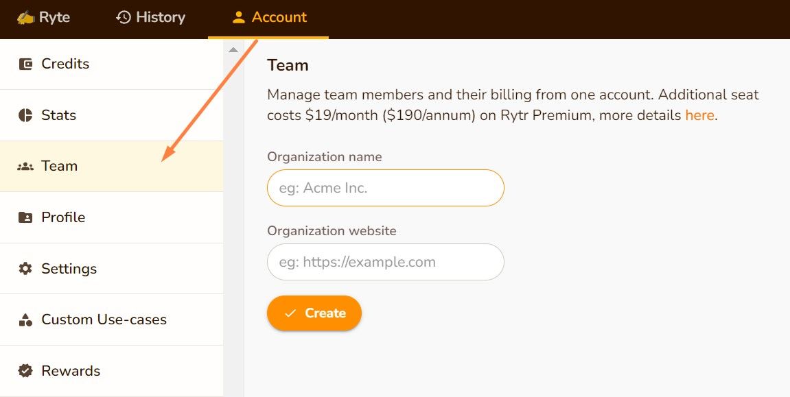 Fonctionnalité de collaboration d'équipe Rytr