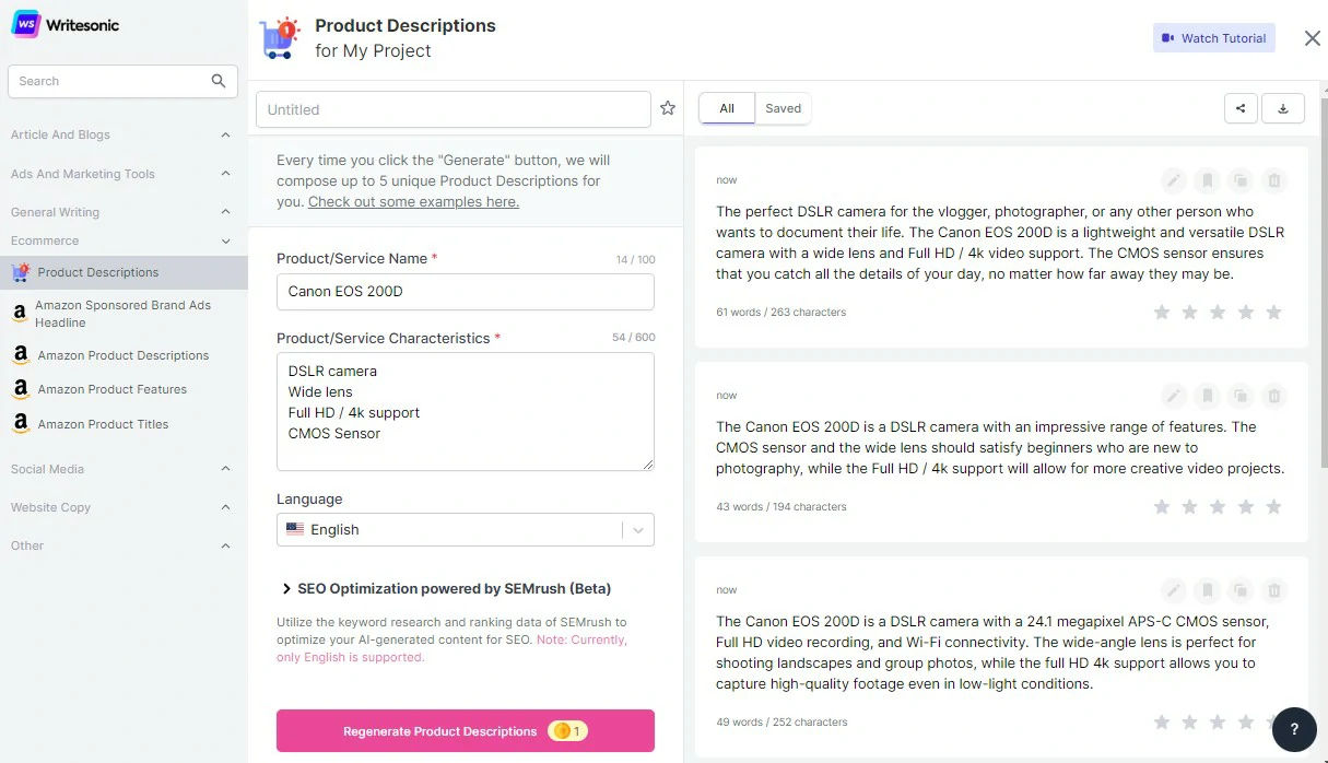 Generate Product Descriptions with Writesonic AI Writing Assistant