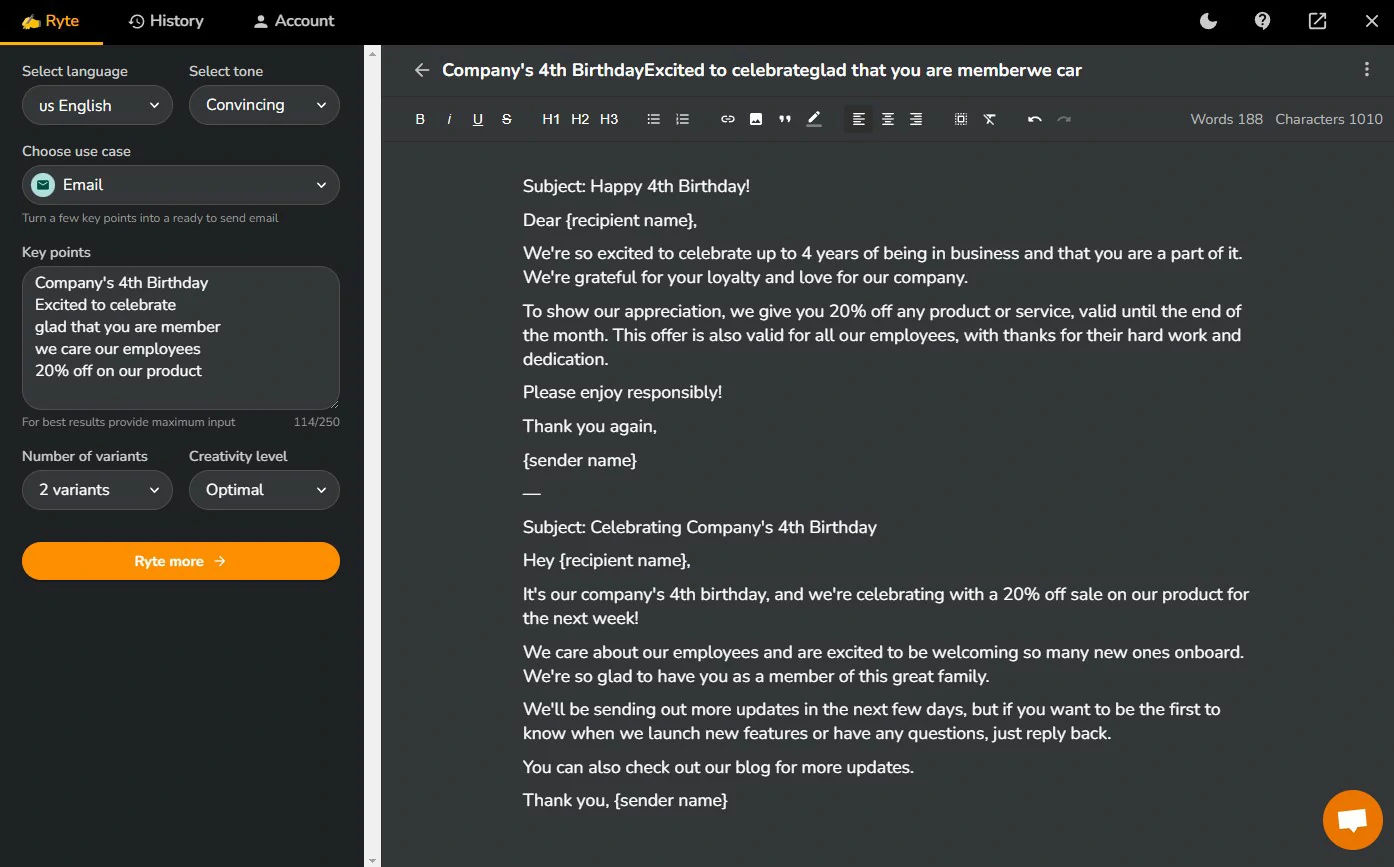 Rytr Email Template Using AI
