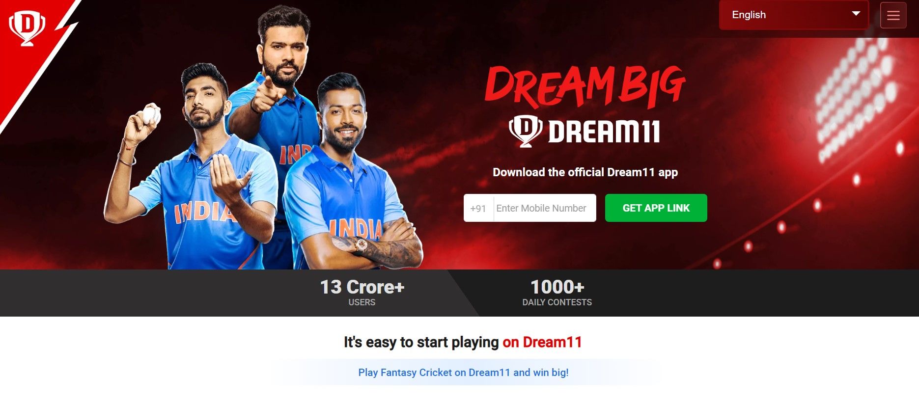 Dream 11 Fantasy Cricket AppHomepage