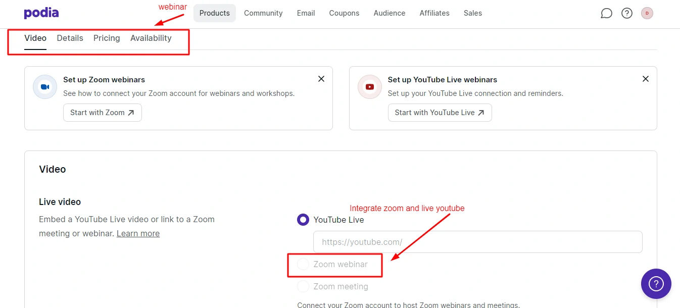 Podia Integrate Zoom And Live Youtube