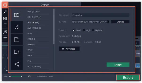 Export option in Movavi video Editor