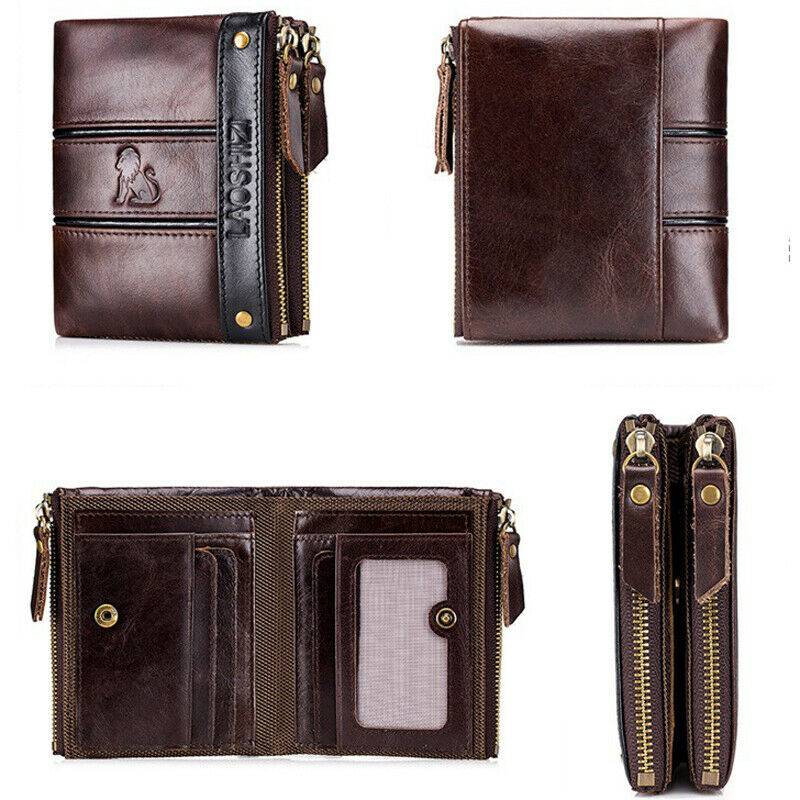 Men's Cowhide Bifold Zipper Short Wallet Coin Purse