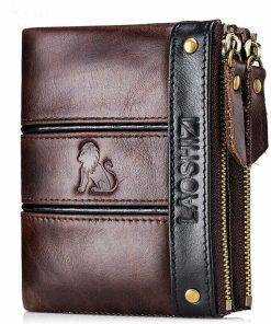 Men's Cowhide Bifold Zipper Short Wallet Coin Purse Card Holder