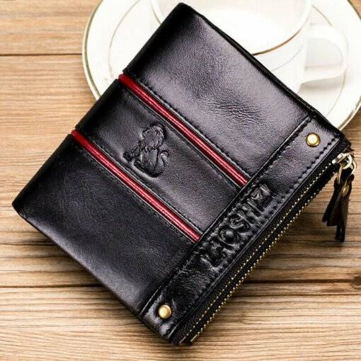 Men's Cowhide Bifold Zipper Short Wallet Coin Purse Card Holder - Image 7
