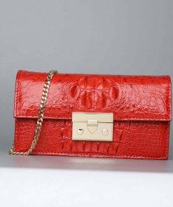 Women Genuine Crocodile Chain Shoulder Bag Red