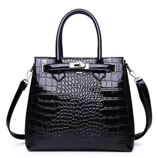 Luxury PU Leather Alligator Pattern Tote Crocodile Shoulder Bag Black