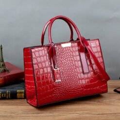 Women Retro Crocodile Pattern Leather Handbag Fashion Tote Handle Bag with Zipper and Shoulder Strap Rose Red