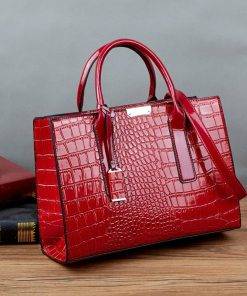 Crocodile Texture U Leather Crossbody Tote Shoulder Bag Red