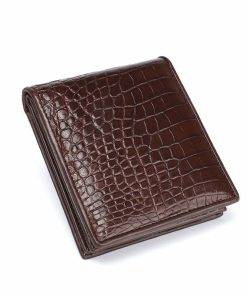 Genuine Crocodile Men Short Bifold Wallet Alligator Belly Skin Brown
