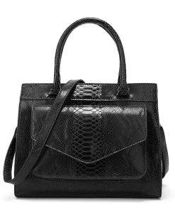 Snakeskin Texture PU Leather Satchel Shoulder Bag Black