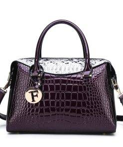 Exotic Croco Textur Single Strap Leather Tote Shoulder Bag Purple