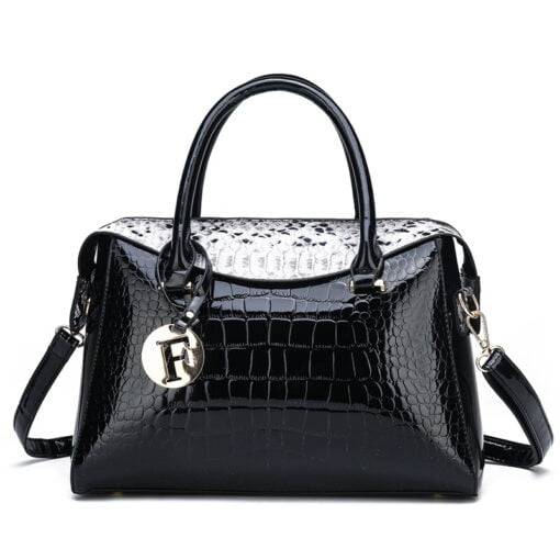 Exotic Croco Texture Single Strap Leather Tote Shoulder Bag Black