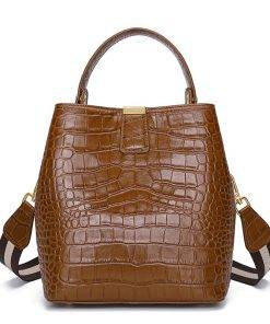Genuine Leather Handbags Designer Crocodile Pattern Bucket Bag Shoulder Bag Brown