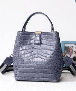 Genuine Leather Handbags Designer Crocodile Pattern Bucket Bag Shoulder Bag Blue