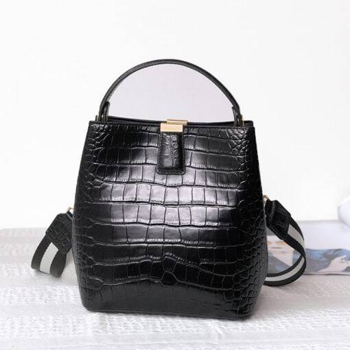 Genuine Leather Handbags Designer Crocodile Pattern Bucket Bag Shoulder Bag Black